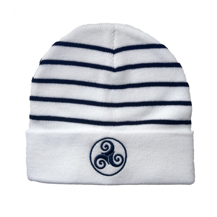 BONNET BLANC - Rayures bleu marine, Triskel brodé